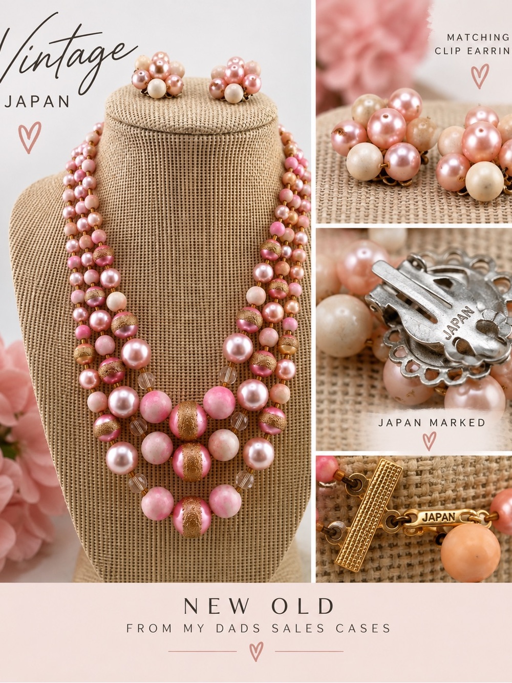 Vintage Pink Multi-Strand Bead Necklace & Clip-On Earrings - Japan